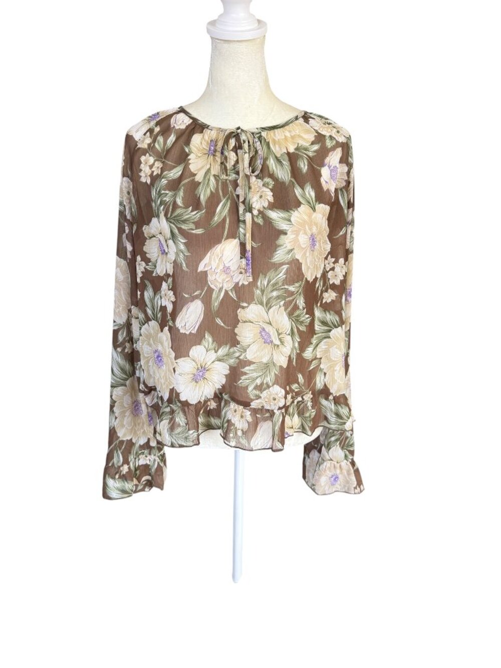 Loft brown and ivory floral ruffle tie front sheer blouse women's size medium